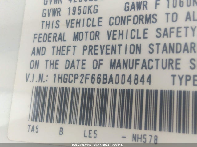 2011 HONDA ACCORD SDN SE VIN: 1HGCP2F66BA004844