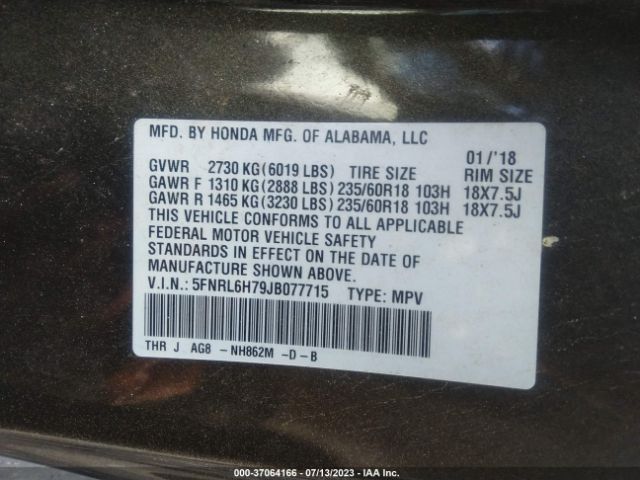 5FNRL6H79JB077715 Honda Odyssey Ex-l