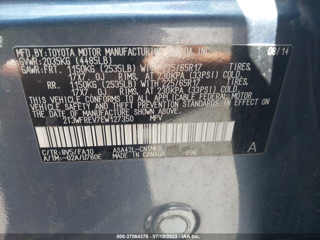 2014 TOYOTA RAV4 XLE VIN: 2T3WFREV7EW127350