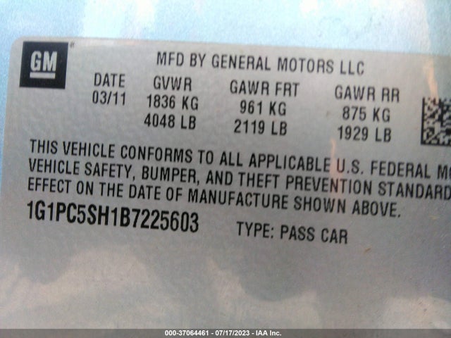 2011 CHEVROLET CRUZE LS VIN: 1G1PC5SH1B7225603