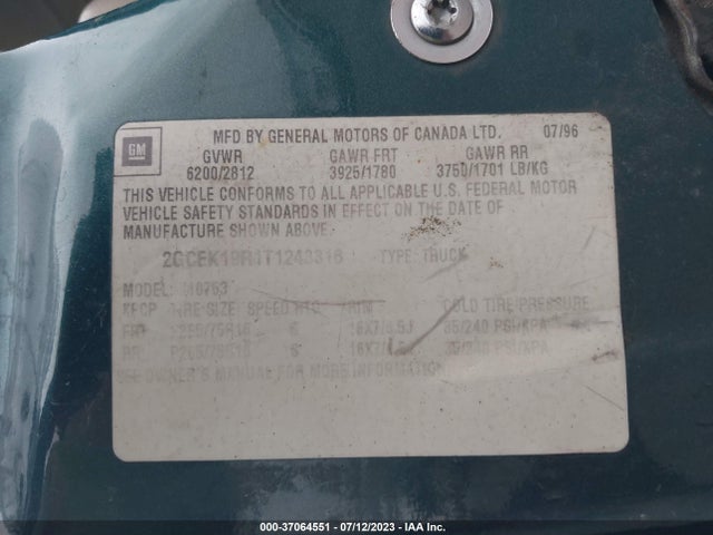 1996 CHEVROLET GMT-400 K1500 VIN: 2GCEK19R1T1243316