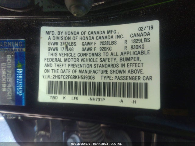 Honda Civic Sedan Lx 2019 2HGFC2F68KH539006 Image 9
