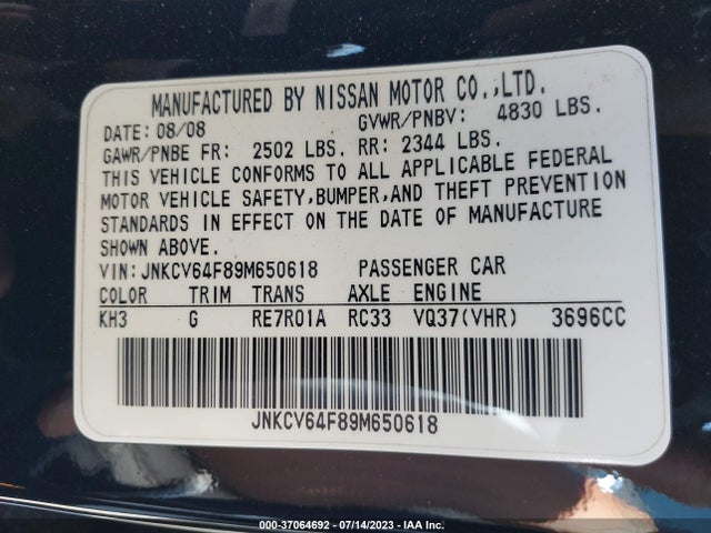 2009 INFINITI G37 COUPE X VIN: JNKCV64F89M650618
