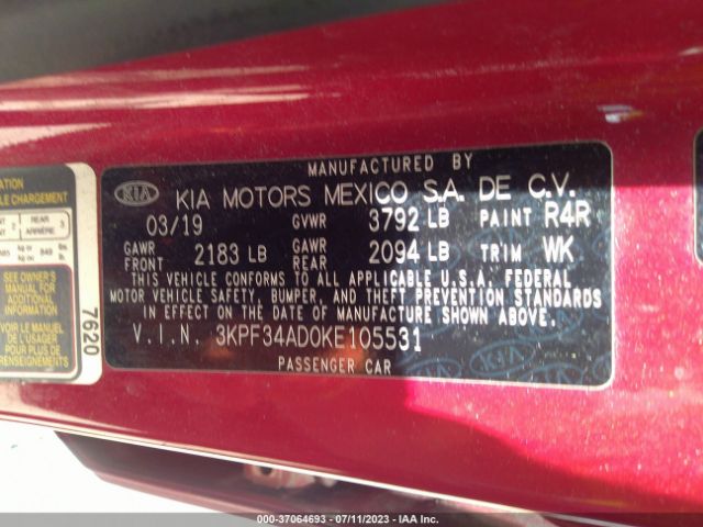 3KPF34AD0KE105531 KIA FORTE S