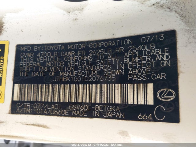 2013 LEXUS ES 350 4DR SDN VIN: JTHBK1GG1D2076735