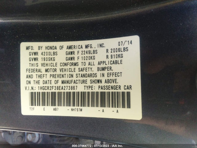 Honda Accord Sedan Lx 2014 1HGCR2F38EA273867 Image 9