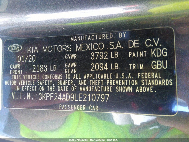 2020 KIA FORTE LXS VIN: 3KPF24AD9LE210797