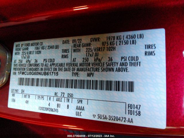 1FMCU0G60NUB61715 Ford ESCAPE SE