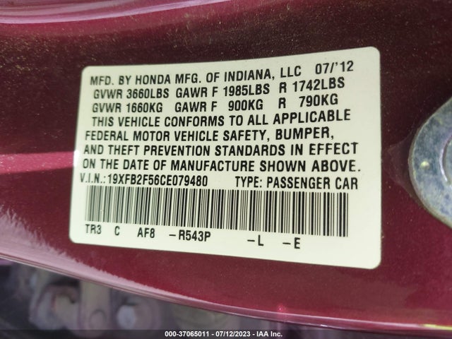 2012 HONDA CIVIC SDN LX VIN: 19XFB2F56CE079480