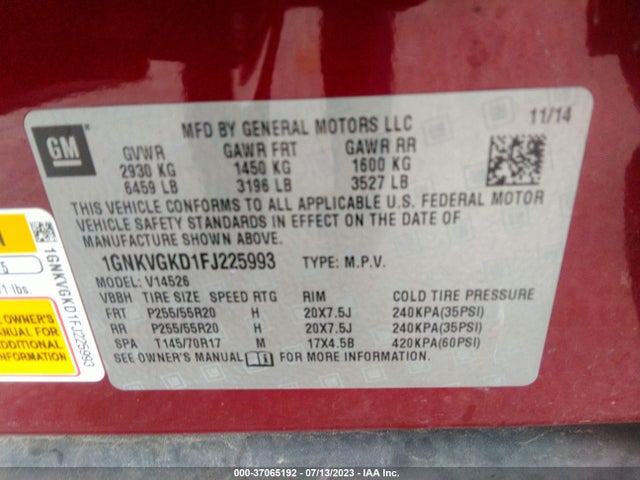 Chevrolet Traverse Lt 2015 1GNKVGKD1FJ225993 Image 9
