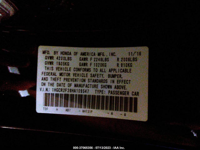 Honda Accord Sedan Lx 2017 1HGCR2F39HA109547 Image 9