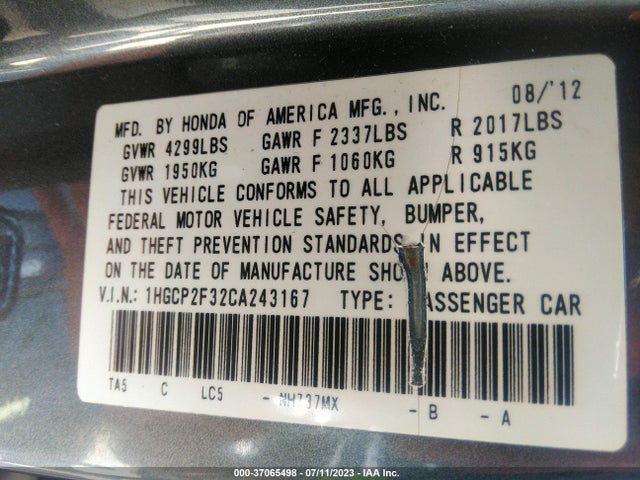 2012 HONDA ACCORD SDN LX VIN: 1HGCP2F32CA243167