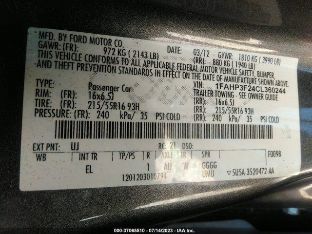 2012 FORD FOCUS SE VIN: 1FAHP3F24CL360244