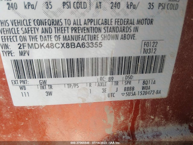 2008 FORD EDGE SEL VIN: 2FMDK48CX8BA63355