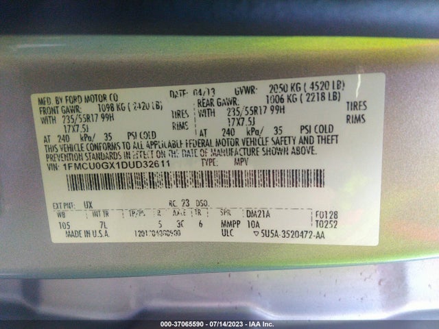 2013 FORD ESCAPE SE VIN: 1FMCU0GX1DUD32611