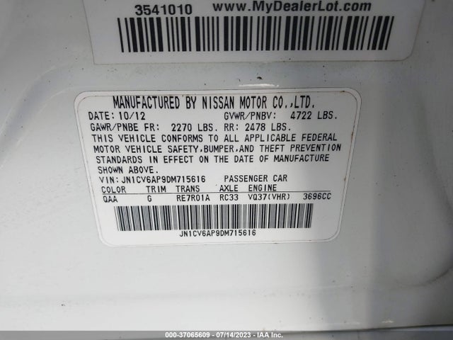 2013 INFINITI G37 SEDAN JOURNEY VIN: JN1CV6AP9DM715616