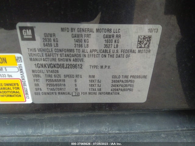 Chevrolet Traverse Lt 2014 1GNKVGKD6EJ209612 Image 10