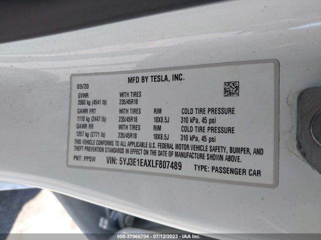 2020 Tesla 3, VIN: 5YJ3E1EAXLF807489