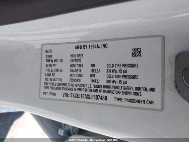 5YJ3E1EAXLF807489 Tesla Model 3 Standard Range