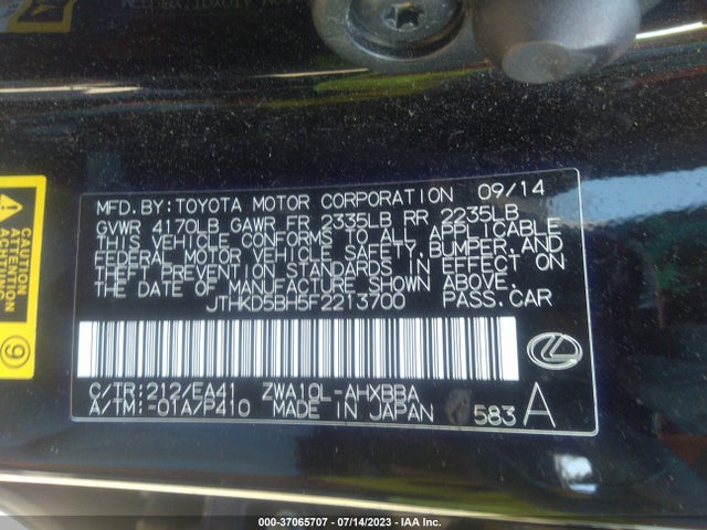 JTHKD5BH5F2213700 Lexus Ct 200h Hybrid