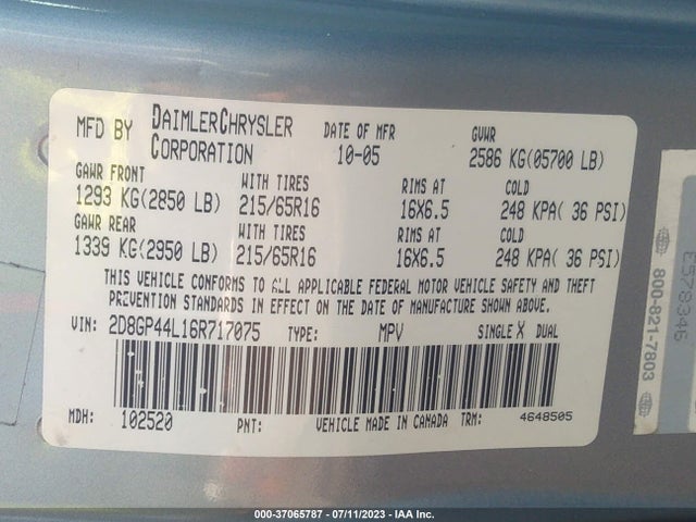 2006 DODGE GRAND CARAVAN SXT VIN: 2D8GP44L16R717075