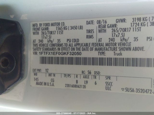 1FTFX1EF0GKF32050 Ford F-150 Xlt/xl/lariat
