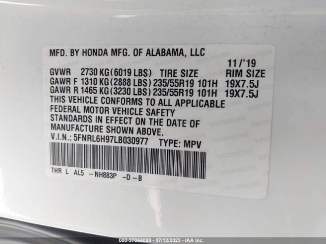 5FNRL6H97LB030977 Honda Odyssey Elite