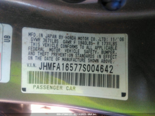 2007 HONDA CIVIC SDN LX VIN: JHMFA16577S004642