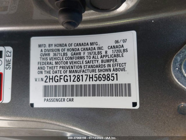 2007 HONDA CIVIC CPE EX VIN: 2HGFG12817H569851