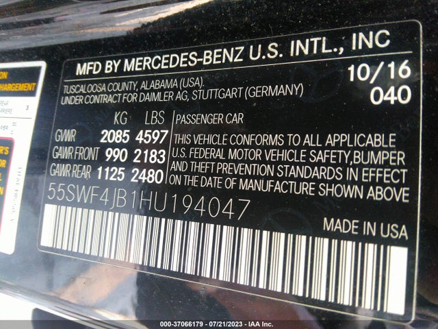 2017 MERCEDES-BENZ C-CLASS C 300 VIN: 55SWF4JB1HU194047