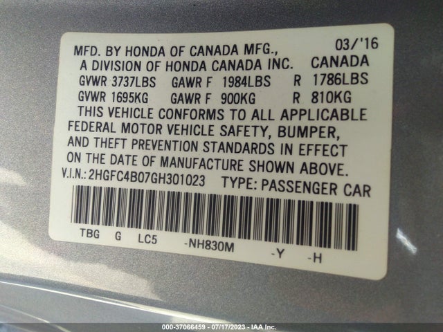 Honda Civic Coupe Lx-p 2016 2HGFC4B07GH301023 Image 16