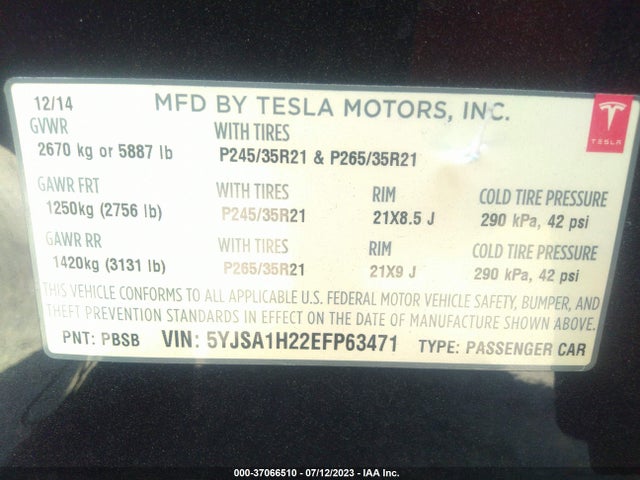 Tesla Model S P85d 2014 5YJSA1H22EFP63471 Image 9