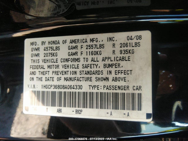 2008 HONDA ACCORD SDN EX-L VIN: 1HGCP36808A064330
