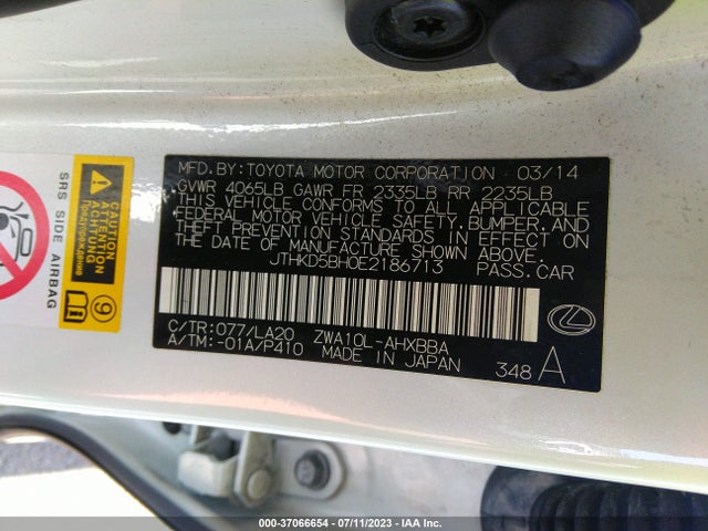 JTHKD5BH0E2186713 Lexus Ct 200h Hybrid