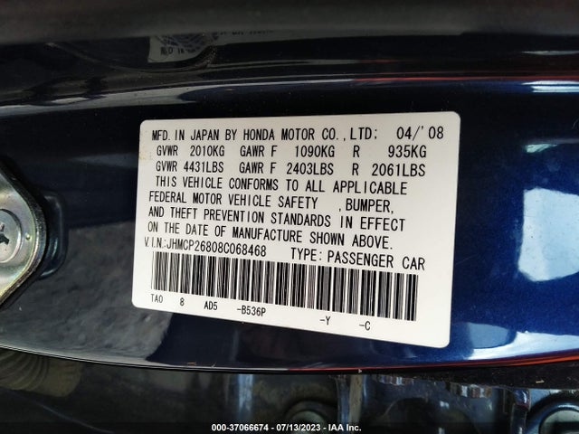 2008 HONDA ACCORD SDN EX-L VIN: JHMCP26808C068468