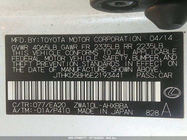 JTHKD5BH6E2193441 Lexus Ct 200h Hybrid