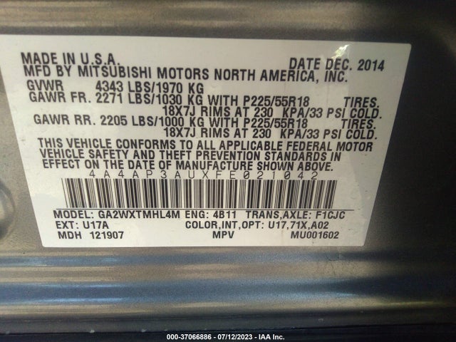 4A4AP3AUXFE021042 Mitsubishi Outlander Sport Es