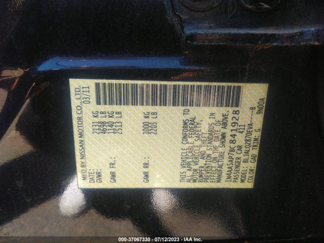 2011 NISSAN MAXIMA 3.5 S VIN: 1N4AA5AP7BC841928