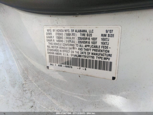 2007 HONDA ODYSSEY EX-L VIN: 5FNRL38617B127795
