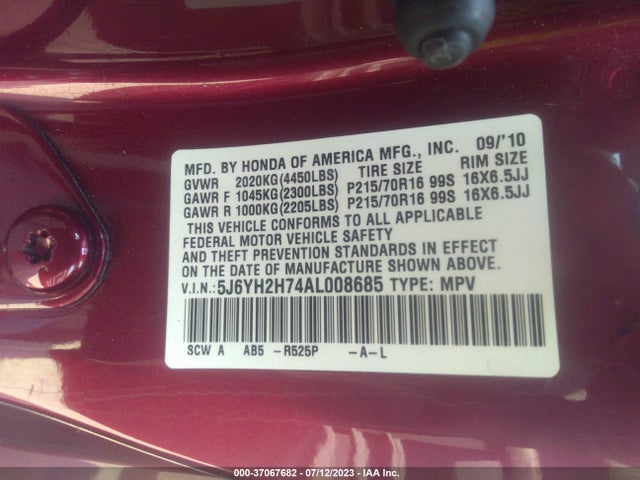 2010 HONDA ELEMENT EX VIN: 5J6YH2H74AL008685