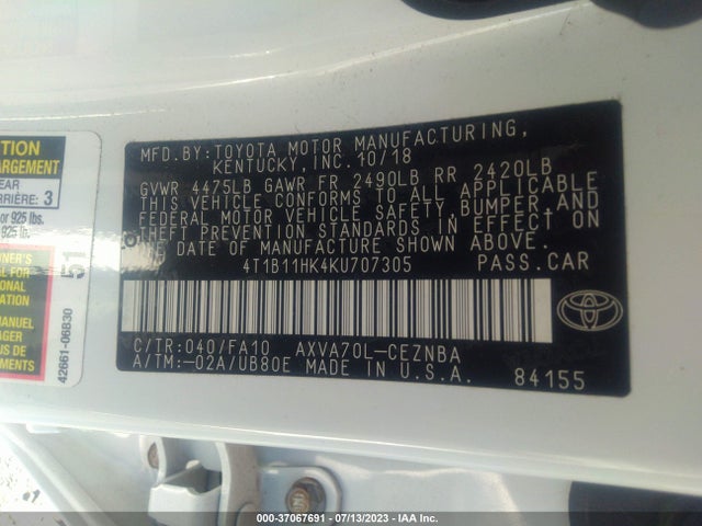 2019 TOYOTA CAMRY LE VIN: 4T1B11HK4KU707305