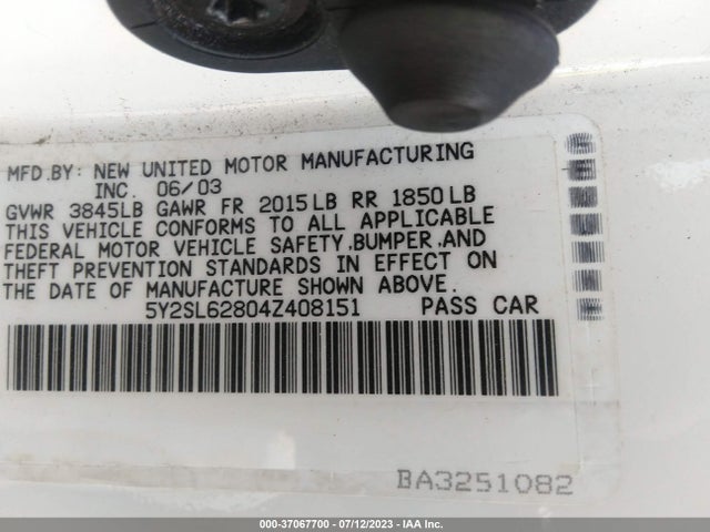 2004 PONTIAC VIBE VIN: 5Y2SL62804Z408151