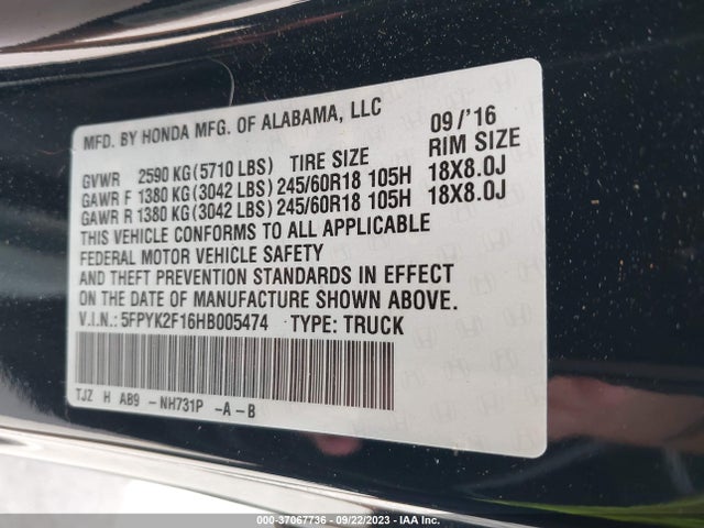 Honda Ridgeline Sport 2017 5FPYK2F16HB005474 Image 9