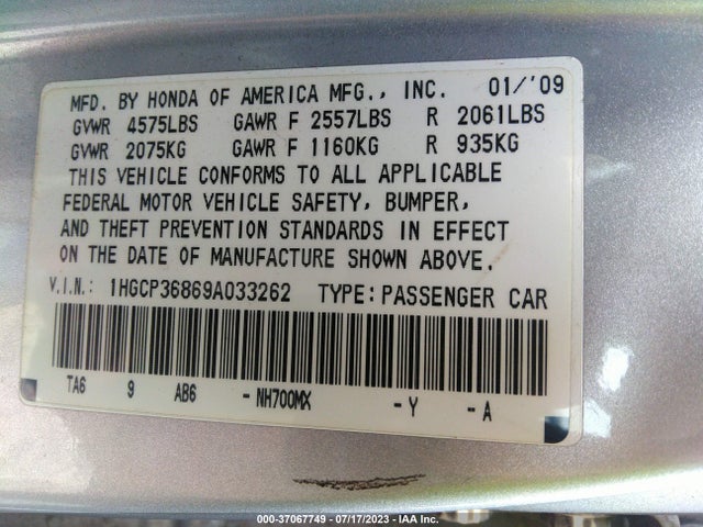 2009 HONDA ACCORD SDN EX-L VIN: 1HGCP36869A033262