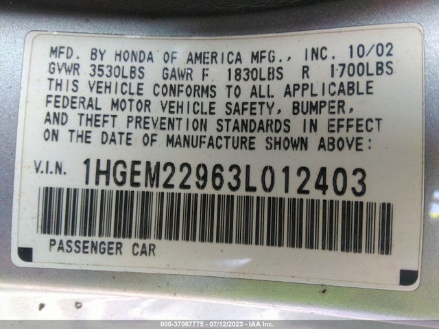 2003 HONDA CIVIC EX VIN: 1HGEM22963L012403