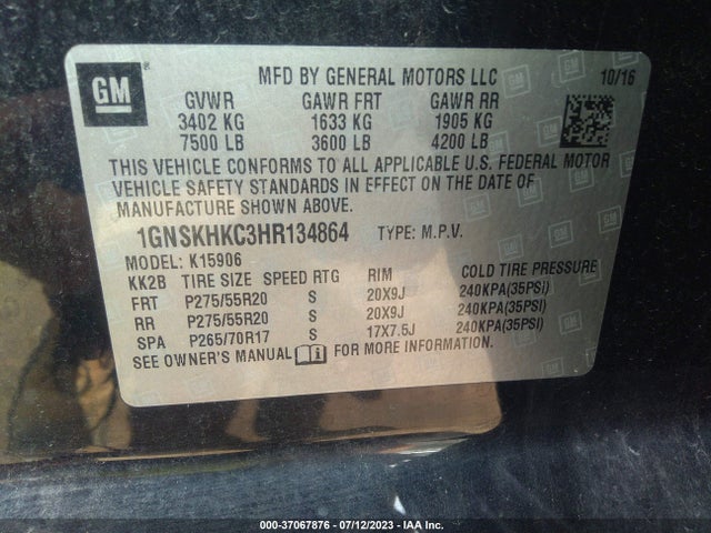 Chevrolet Suburban Lt 2017 1GNSKHKC3HR134864 Image 9