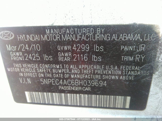 2011 HYUNDAI SONATA SE VIN: 5NPEC4AC6BH039694
