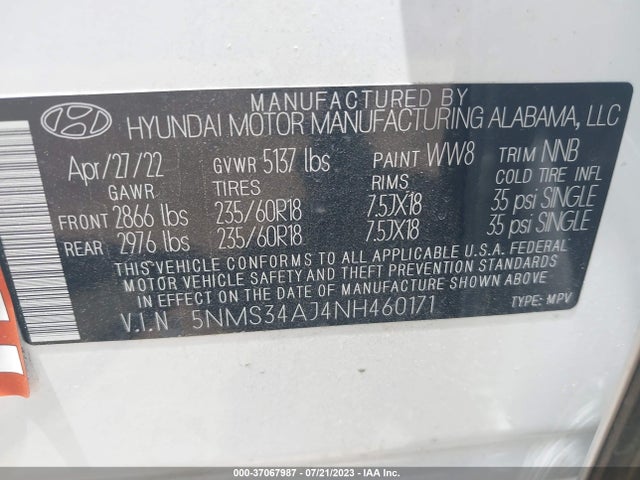 2022 HYUNDAI SANTA FE SEL VIN: 5NMS34AJ4NH460171