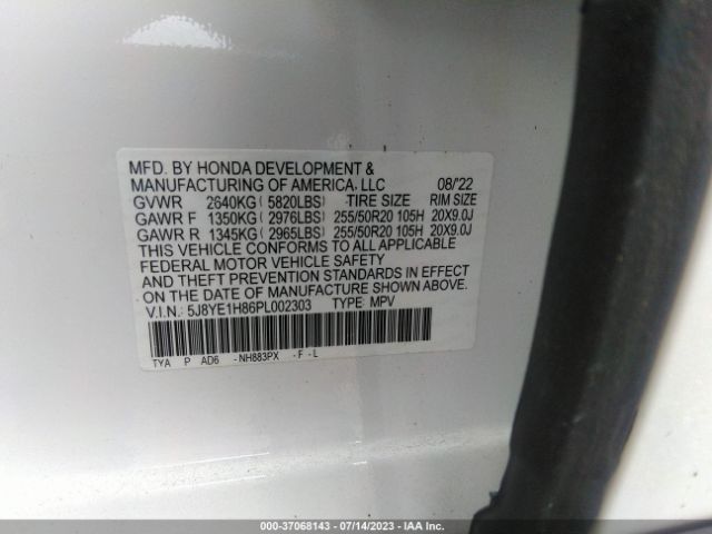 5J8YE1H86PL002303 Acura Mdx W/advance Package