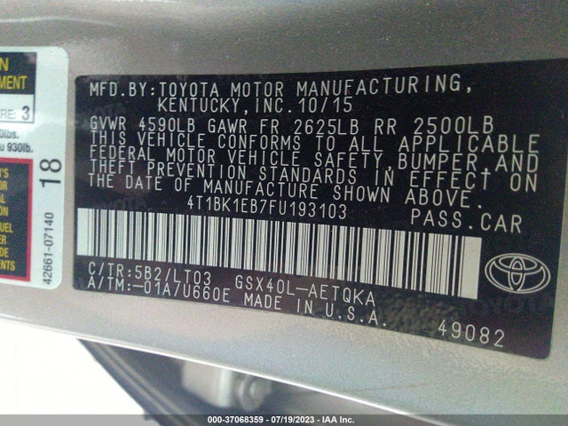 Toyota AVALON LIMITED 2015 4T1BK1EB7FU193103 Image 9
